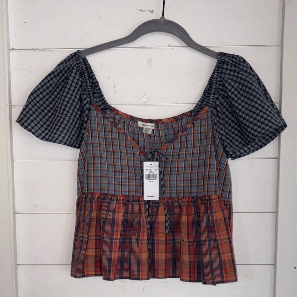 American Eagle Plaid Blouse with Short Sleeves